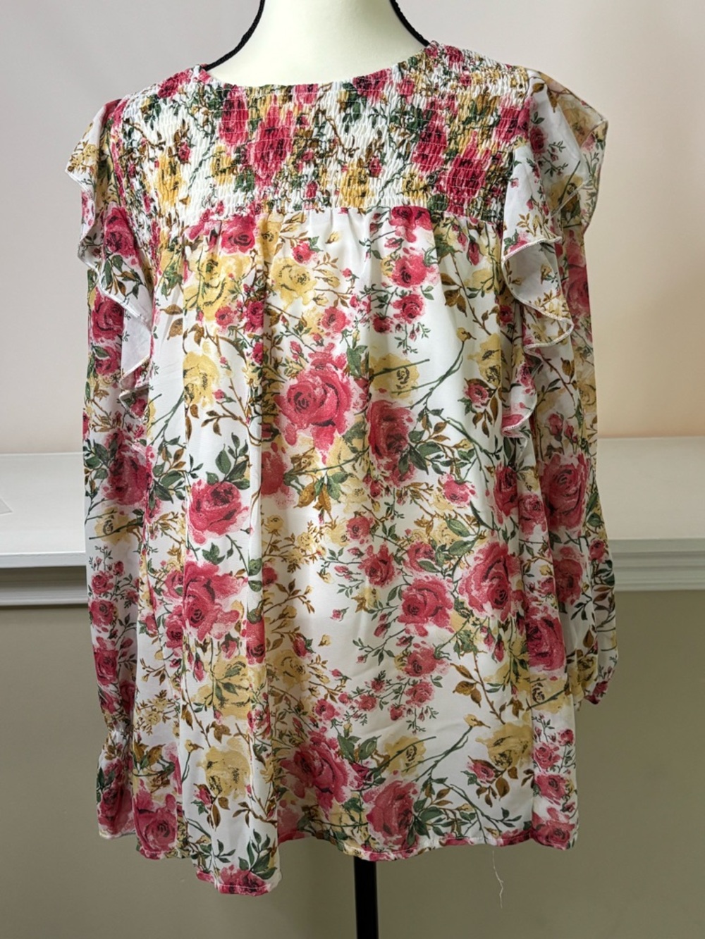 ePretty Floral Ruffle Blouse in White, Pink & Yellow